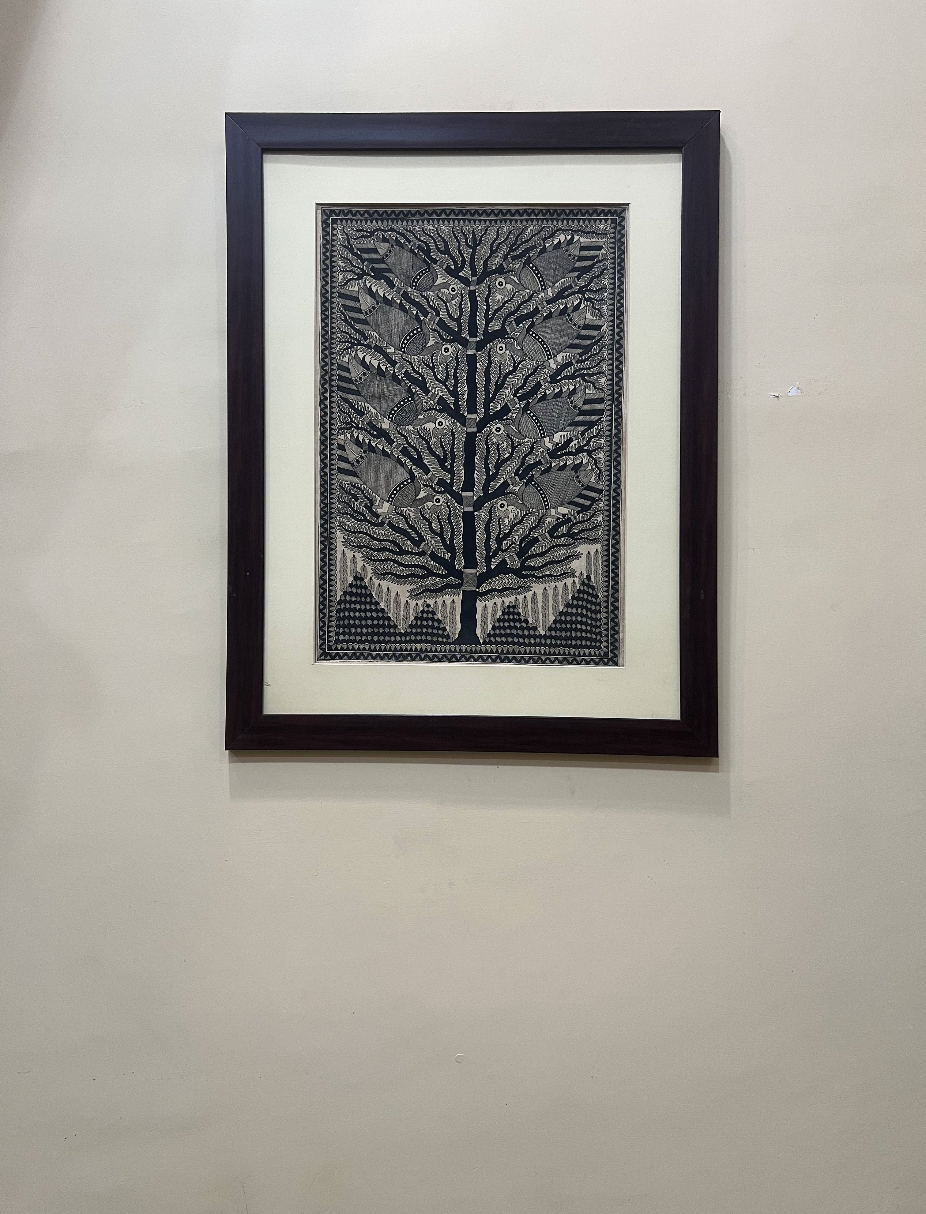 Hand-Painted Madhubani Tree of Life with Peacocks – A Celebration of Intricate Artistry